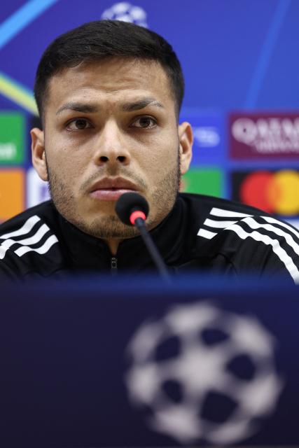 Qarabag's Brazilian defender #02 Matheus de Barros da Silva attends a press conference at the Tofiq Bahramov Republican Stadium in Baku on December 9, 2025, on the eve of the UEFA Champions League league phase football match between Qarabag and Ajax. (Photo by Giorgi ARJEVANIDZE / AFP)