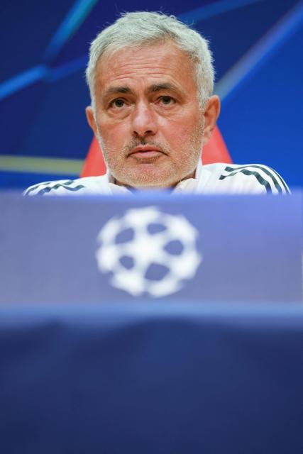 Benfica’s coach Jose Mourinho reacts as he attends a press conference at Benfica Campus, training center, in Seixal, outskirts of Lisbon on December 9, 2025, on the eve of the UEFA Champions League match between SL Benfica and SSC Napoli. (Photo by PATRICIA DE MELO MOREIRA / AFP)