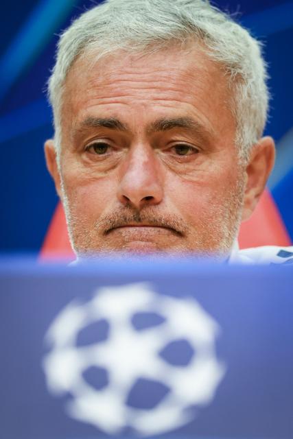 Benfica’s coach Jose Mourinho reacts as he attends a press conference at Benfica Campus, training center, in Seixal, outskirts of Lisbon on December 9, 2025, on the eve of the UEFA Champions League match between SL Benfica and SSC Napoli. (Photo by PATRICIA DE MELO MOREIRA / AFP)