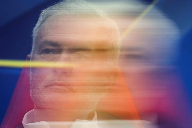 Benfica’s coach Jose Mourinho reacts attends a press conference at Benfica Campus, training center, in Seixal, outskirts of Lisbon on December 9, 2025, on the eve of the UEFA Champions League match between SL Benfica and SSC Napoli. (Photo by PATRICIA DE MELO MOREIRA / AFP)