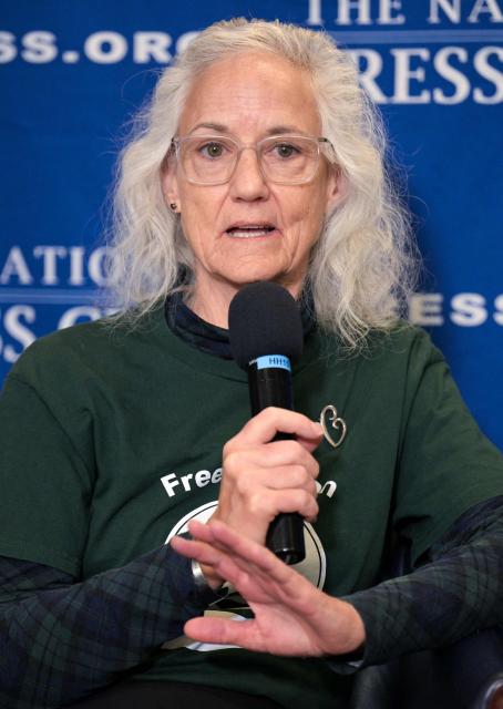 Debra Tice, mother of missing US journalist Austin Tice, speaks during an event at the National Press Club "to address his case one year after the fall of Damascus" on December 9, 2025 in Washington, DC. Tice was kidnapped while reporting in Syria in August 2012. (Photo by Oliver Contreras / AFP)