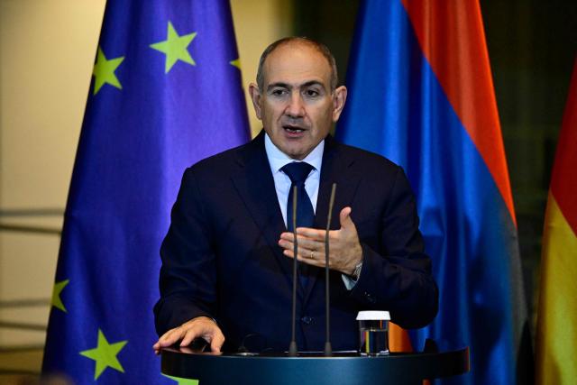 Armenia's Prime Minister Nikol Pashinyan addresses a joint press conference with the German Chancellor at the Chancellery in Berlin, Germany, on December 9, 2025. (Photo by John MACDOUGALL / AFP)