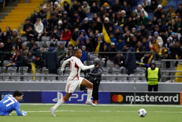 Olympiakos' Moroccan forward #09 Ayoub Kaabi in action during the UEFA Champions League league phase football match between Kairat Almaty and Olympiacos at the Astana Arena in Astana on December 9, 2025. (Photo by STANISLAV FILIPPOV / AFP)