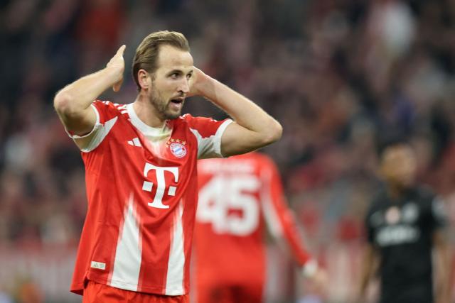 Bayern Munich's English forward #09 Harry Kane reacts during the UEFA Champions League, league phase - day 6 football match between Bayern Munich and Sporting CP in Munich, southern Germany, on December 9, 2025. (Photo by Alexandra BEIER / AFP)
