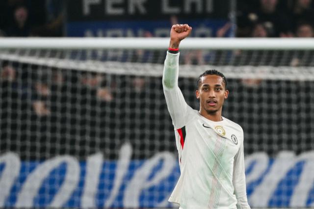 Chelsea's Brazilian striker #20 Joao Pedro celebrates after scoring his team's first goal during the UEFA Champions League league phase day 6 football match between Atalanta Bergamo and Chelsea FC at Bergamo Stadium, in Bergamo, on December 9, 2025. (Photo by Alberto PIZZOLI / AFP)