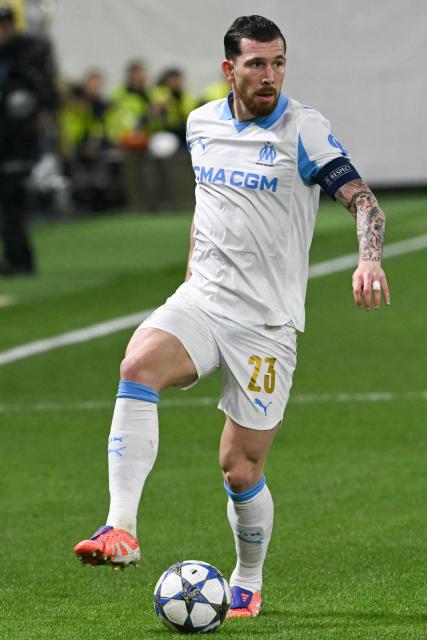 Marseille's Danish midfielder #23 Pierre-Emile Hojbjerg controls the ball during the UEFA Champions League, league phase day 6, football match between Royale Union Saint-Gilloise (BEL) and Olympique de Marseille (FRA), at the RSC Anderlecht Stadium in Brussels, on December 9, 2025. (Photo by NICOLAS TUCAT / AFP)