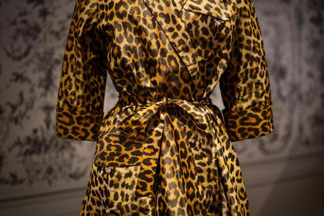 This photograph shows a dress by Christian Dior displayed at the exhibition "Azzedine Alaia and Christian Dior, Two Masters of Haute Couture" from the Azzedine Alaia Foundation at La Galerie Dior in Paris, on December 9, 2025. The exhibition will run untill May 3, 2026. (Photo by Dimitar DILKOFF / AFP)