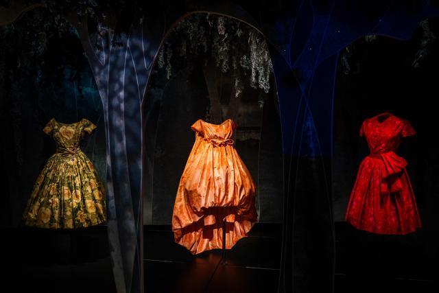 This photograph shows dresses by Christian Dior and Yves Saint Laurent for Christian Dior (C) displayed at the exhibition "Azzedine Alaia and Christian Dior, Two Masters of Haute Couture" from the Azzedine Alaia Foundation at La Galerie Dior in Paris, on December 9, 2025. The exhibition will run untill May 3, 2026. (Photo by Dimitar DILKOFF / AFP)