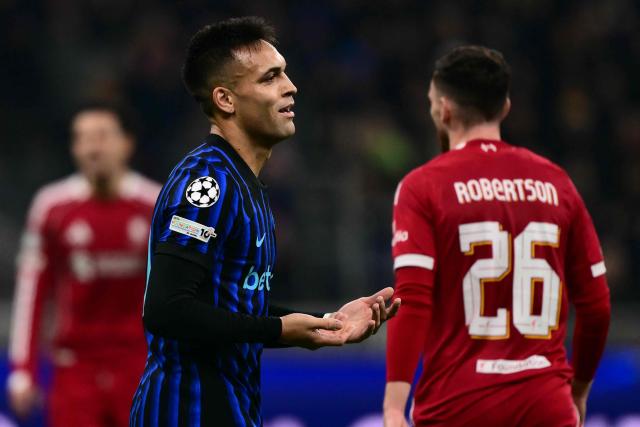 Inter Milan's Argentinian forward #10 Lautaro Martinez reacts during the UEFA Champions League phase day 6 football match between Inter Milan and Liverpool at San Siro stadium in Milan, on December 9, 2025. (Photo by Marco BERTORELLO / AFP)