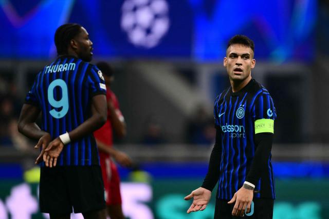 Inter Milan's Argentinian forward #10 Lautaro Martinez reacts during the UEFA Champions League phase day 6 football match between Inter Milan and Liverpool at San Siro stadium in Milan, on December 9, 2025. (Photo by Marco BERTORELLO / AFP)