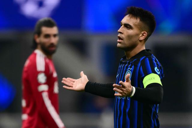 Inter Milan's Argentinian forward #10 Lautaro Martinez reacts during the UEFA Champions League phase day 6 football match between Inter Milan and Liverpool at San Siro stadium in Milan, on December 9, 2025. (Photo by Marco BERTORELLO / AFP)