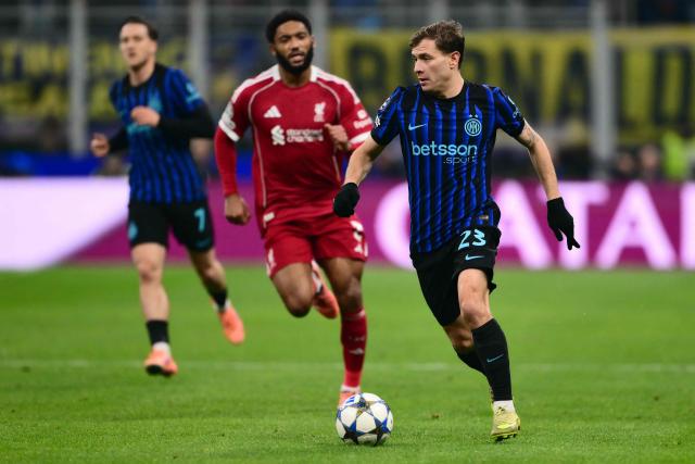 Inter Milan's Italian midfielder #23 Nicolo Barella controls the ball during the UEFA Champions League phase day 6 football match between Inter Milan and Liverpool at San Siro stadium in Milan, on December 9, 2025. (Photo by Marco BERTORELLO / AFP)