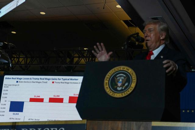 A graphic with statistics is shown as US President Donald Trump delivers remarks on the economy at Mount Airy Casino Resort in Mount Pocono, Pennsylvania, on December 9, 2025. (Photo by ANDREW CABALLERO-REYNOLDS / AFP)