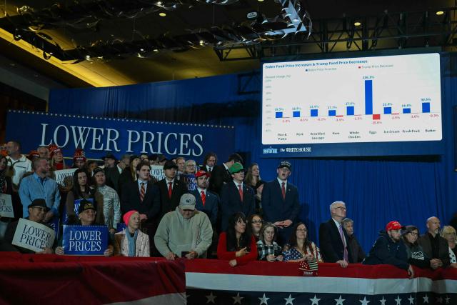 A graphic with statistics is shown on a screen as US President Donald Trump delivers remarks on the economy at Mount Airy Casino Resort in Mount Pocono, Pennsylvania, on December 9, 2025. (Photo by ANDREW CABALLERO-REYNOLDS / AFP)
