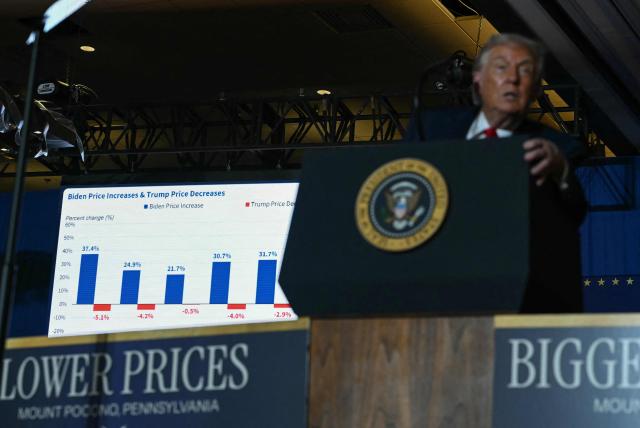 A graphic with statistics is shown on a screen as US President Donald Trump delivers remarks on the economy at Mount Airy Casino Resort in Mount Pocono, Pennsylvania, on December 9, 2025. (Photo by ANDREW CABALLERO-REYNOLDS / AFP)