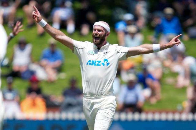 New Zealand Michael Rae appeals during day one of the 2nd international Test cricket match between New Zealand and West Indies at the Basin reserve in Wellington on December 10, 2025. (Photo by Marty MELVILLE / AFP)