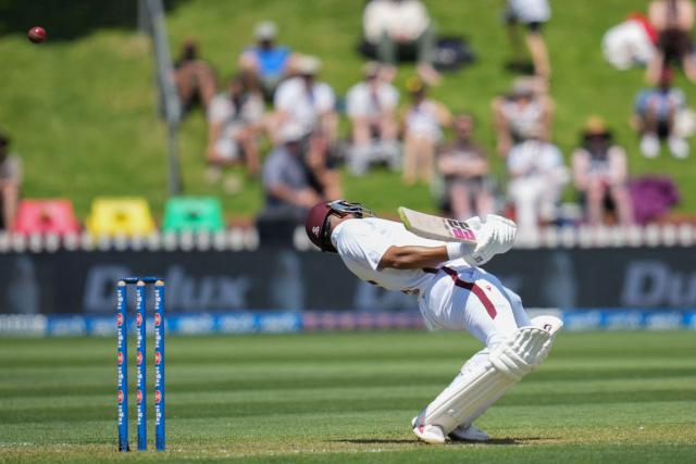 West Indies Shai Hope ducks from the ball during day one of the 2nd international Test cricket match between New Zealand and West Indies at the Basin reserve in Wellington on December 10, 2025. (Photo by Marty MELVILLE / AFP)