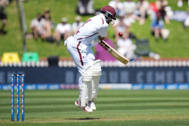 West Indies Roston Chase plays a shot during day one of the 2nd international Test cricket match between New Zealand and West Indies at the Basin reserve in Wellington on December 10, 2025. (Photo by Marty MELVILLE / AFP)