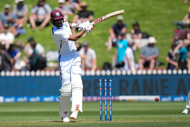 West Indies Roston Chase plays a shot during day one of the 2nd international Test cricket match between New Zealand and West Indies at the Basin reserve in Wellington on December 10, 2025. (Photo by Marty MELVILLE / AFP)