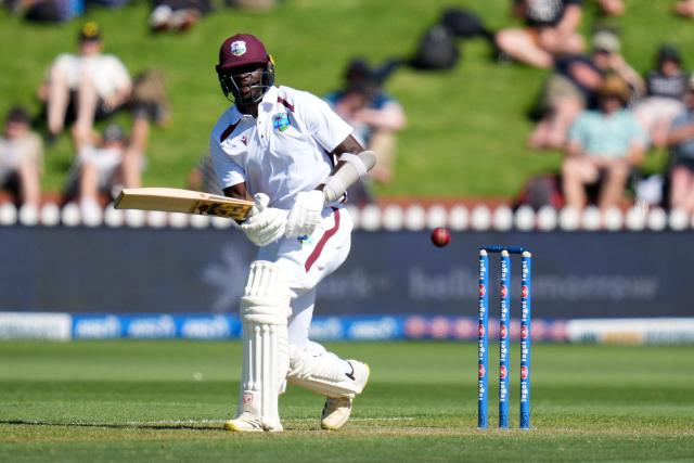 West Indies' Anderson Phillip plays a shot during day one of the 2nd international Test cricket match between New Zealand and West Indies at the Basin reserve in Wellington on December 10, 2025. (Photo by Marty MELVILLE / AFP)