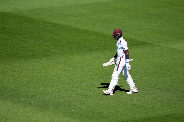 West Indies' Justin Greaves walks from the field after being caught during day one of the 2nd international Test cricket match between New Zealand and West Indies at the Basin reserve in Wellington on December 10, 2025. (Photo by Marty MELVILLE / AFP)