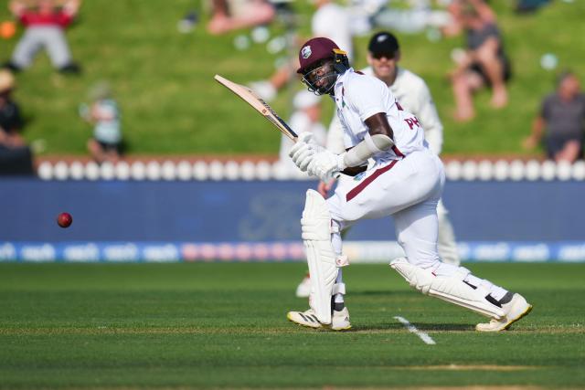 West Indies' Anderson Phillip plays a shot during day one of the 2nd international Test cricket match between New Zealand and West Indies at the Basin reserve in Wellington on December 10, 2025. (Photo by Marty MELVILLE / AFP)