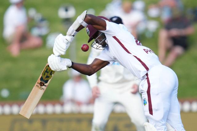 West Indies' Anderson Phillip plays a shot during day one of the 2nd international Test cricket match between New Zealand and West Indies at the Basin reserve in Wellington on December 10, 2025. (Photo by Marty MELVILLE / AFP)