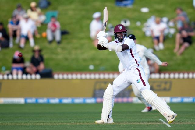 West Indies' Anderson Phillip plays a shot during day one of the 2nd international Test cricket match between New Zealand and West Indies at the Basin reserve in Wellington on December 10, 2025. (Photo by Marty MELVILLE / AFP)