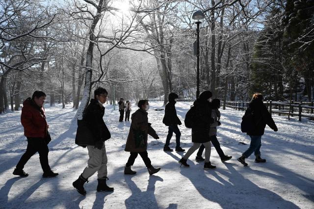 Visitors walk through the grounds of the Hokkaido Shrine in Sapporo, in Japan’s northern Hokkaido prefecture on December 10, 2025. (Photo by GREG BAKER / AFP)