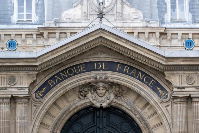 (FILES) (FILES) This photograph shows the facade of the Banque de France, the French national central bank in Paris on July 30, 2025. The Bank of France will raise its growth forecast for this year and next year, Governor François Villeroy de Galhau said December 10, 2025, on Europe 1 radio. (Photo by Martin LELIEVRE / AFP)