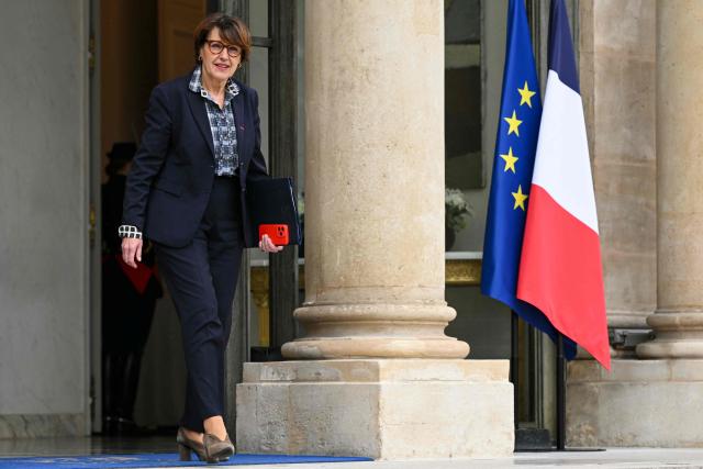 France's Agriculture Minister Annie Genevard leaves the Elysee Palace after the weekly cabinet meeting, in Paris on December 10, 2025. (Photo by Bertrand GUAY / AFP)