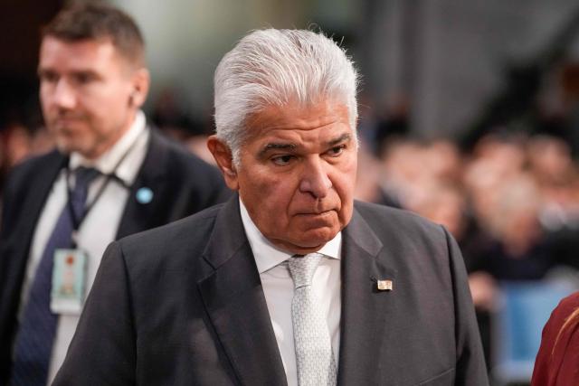 Panama's President Jose Raul Mulino attends the Nobel Peace Prize ceremony at Oslo City Hall on December 10, 2025 in Oslo, Norway. The 2025 Nobel Peace Prize was awarded to Machado for her efforts to bring democracy to Venezuela, challenging the iron-fisted rule of Venezuelan President Nicolas Maduro, who has been president since 2013. (Photo by Ole Berg-Rusten / NTB / AFP) / Norway OUT