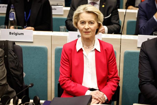 European Commission President Ursula von der Leyen looks on during the 2025 International Conference of the Global Alliance to Counter Migrant Smuggling at the European Commission In Brussels, on December 10, 2025. (Photo by Simon Wohlfahrt / AFP)