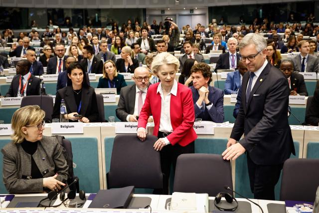(From L) EU Commissioner for Financial Services and the Savings and Investments Union Maria Luis Albuquerque, European Commission President Ursula von der Leyen and EU Commissioner for Internal Affairs and Migration Magnus Brunner arrive during the 2025 International Conference of the Global Alliance to Counter Migrant Smuggling at the European Commission In Brussels, on December 10, 2025. (Photo by Simon Wohlfahrt / AFP)