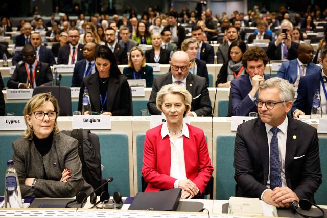 (From L) EU Commissioner for Financial Services and the Savings and Investments Union Maria Luis Albuquerque, European Commission President Ursula von der Leyen and EU Commissioner for Internal Affairs and Migration Magnus Brunner during the 2025 International Conference of the Global Alliance to Counter Migrant Smuggling at the European Commission In Brussels, on December 10, 2025. (Photo by Simon Wohlfahrt / AFP)