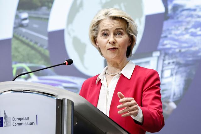 European Commission President Ursula von der Leyen gives a speech during the 2025 International Conference of the Global Alliance to Counter Migrant Smuggling at the European Commission In Brussels, on December 10, 2025. (Photo by Simon Wohlfahrt / AFP)