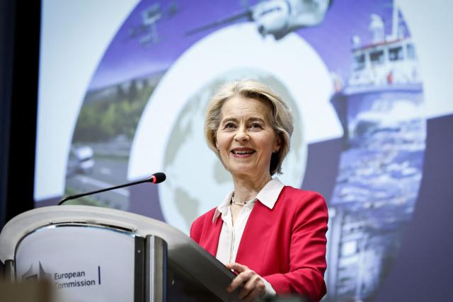 European Commission President Ursula von der Leyen gives a speech during the 2025 International Conference of the Global Alliance to Counter Migrant Smuggling at the European Commission In Brussels, on December 10, 2025. (Photo by Simon Wohlfahrt / AFP)