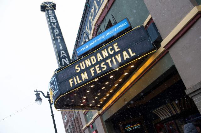(FILES) The Egyptian Theatre in Main Street is seen during the Sundance Film Festival, in Park City, Utah, January 23, 2016. Hollywood A-listers Jon Hamm, Olivia Wilde and Russell Crowe will rub shoulders with some of cinema's best and brightest new talent at the Sundance film festival next month, organizers said on December 10, 2025. The first edition of the festival since the death in September of founder Robert Redford will see a firmament of stars descend on Park City, Utah for one of the most important gatherings in the global movie calendar. (Photo by Valerie MACON / AFP)