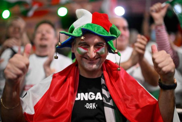 Hungary's supporter cheers on his team ahead of the quarter finals match between the Netherlands and Hungary of the IHF Women's Handball World Championship in Rotterdam Ahoy, in Rotterdam on December 10, 2025. (Photo by JOHN THYS / AFP)