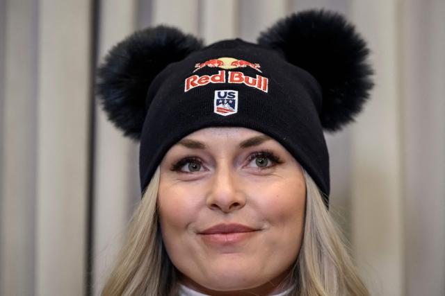 US Lindsey Vonn smiles during a press conference ahead of speed skiing races as part of the FIS Alpine ski World Cup 2025-2026, in St. Moritz on December 10, 2025. (Photo by Fabrice COFFRINI / AFP)