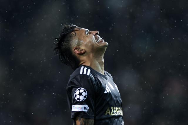 Qarabag's Colombian forward Camilo Duran reacts during the UEFA Champions League league phase football match between Qarabag and Ajax at the Tofiq Bahramov Republican Stadium in Baku on December 10, 2025. (Photo by Giorgi ARJEVANIDZE / AFP)