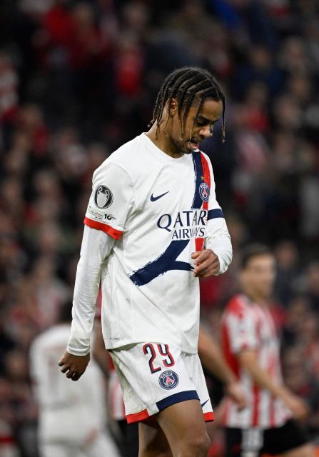 Paris Saint-Germain's French forward #29 Bradley Barcola reacts during the UEFA Champions League league phase day 6 football match between Athletic Club Bilbao and Paris Saint-Germain (PSG) at San Mames Stadium in Bilbao on December 10, 2025. (Photo by ANDER GILLENEA / AFP)