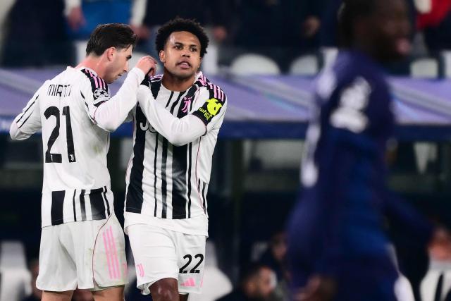 Juventus' US midfielder #22 Weston McKennie celebrates scoring his team's first goal with Juventus' Italian midfielder #21 Fabio Miretti during the UEFA Champions League - league phase day 6 football match between Juventus and Pafos FC at the Allianz stadium in Turin, on December 10, 2025. (Photo by Marco BERTORELLO / AFP)