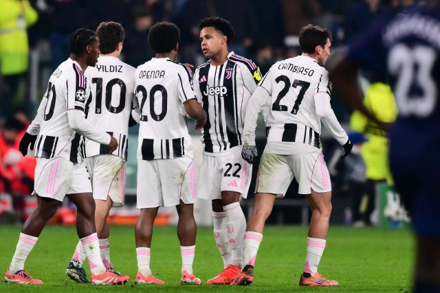 Juventus' US midfielder #22 Weston McKennie celebrates scoring his team's first goal during the UEFA Champions League - league phase day 6 football match between Juventus and Pafos FC at the Allianz stadium in Turin, on December 10, 2025. (Photo by Marco BERTORELLO / AFP)