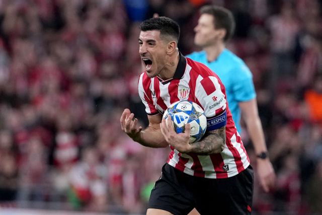 Athletic Bilbao's Spanish defender #17 Yuri Berchiche reacts during the UEFA Champions League league phase day 6 football match between Athletic Club Bilbao and Paris Saint-Germain (PSG) at San Mames Stadium in Bilbao on December 10, 2025. (Photo by Cesar MANSO / AFP)