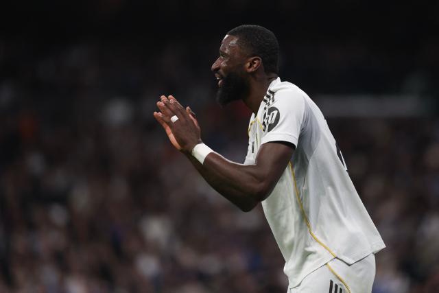 Real Madrid's German defender #22 Antonio Ruediger gestures during the UEFA Champions League league phase day 6 football match between Real Madrid CF and Manchester City at Santiago Bernabeu Stadium in Madrid on December 10, 2025. (Photo by Pierre-Philippe MARCOU / AFP)