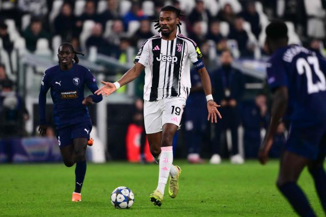 Juventus' French midfielder #19 Khephren Thuram-Ulien controls the ball during the UEFA Champions League - league phase day 6 football match between Juventus and Pafos FC at the Allianz stadium in Turin, on December 10, 2025. (Photo by Marco BERTORELLO / AFP)