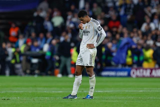 Real Madrid's English midfielder #05 Jude Bellingham reacts after the UEFA Champions League league phase day 6 football match between Real Madrid CF and Manchester City at Santiago Bernabeu Stadium in Madrid on December 10, 2025. (Photo by Oscar DEL POZO / AFP)