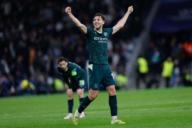 Manchester City's Spanish midfielder #14 Nico Gonzalez reacts after the UEFA Champions League league phase day 6 football match between Real Madrid CF and Manchester City at Santiago Bernabeu Stadium in Madrid on December 10, 2025. (Photo by Oscar DEL POZO / AFP)