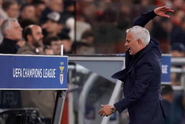 Benfica's Portuguese coach Jose Mourinho reacts during the UEFA Champions League league phase day 6 football match between SL Benfica and Napoli at Estadio da Luz in Lisbon on December 10, 2025. (Photo by FILIPE AMORIM / AFP)